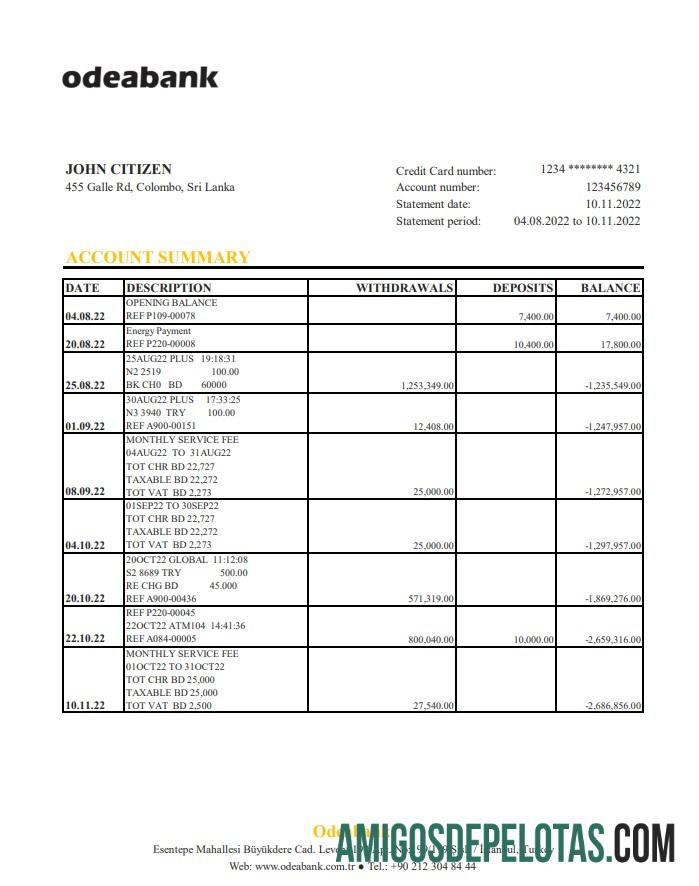 Extrato bancário Odeabank da Turquia modelo Xls